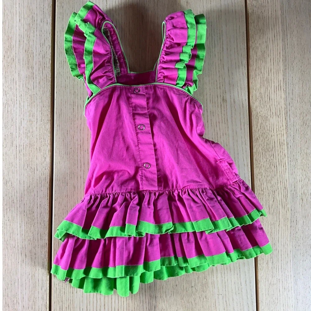 Mud‎ Pie Baby Girls Pink Lime Green Ruffled Tiered Cotton Dress 0-6M